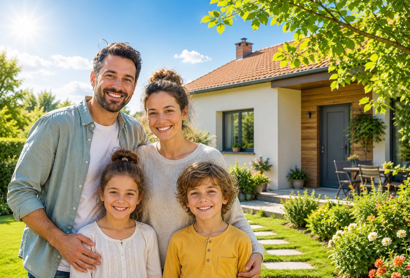 Famille souriante devant sa maison