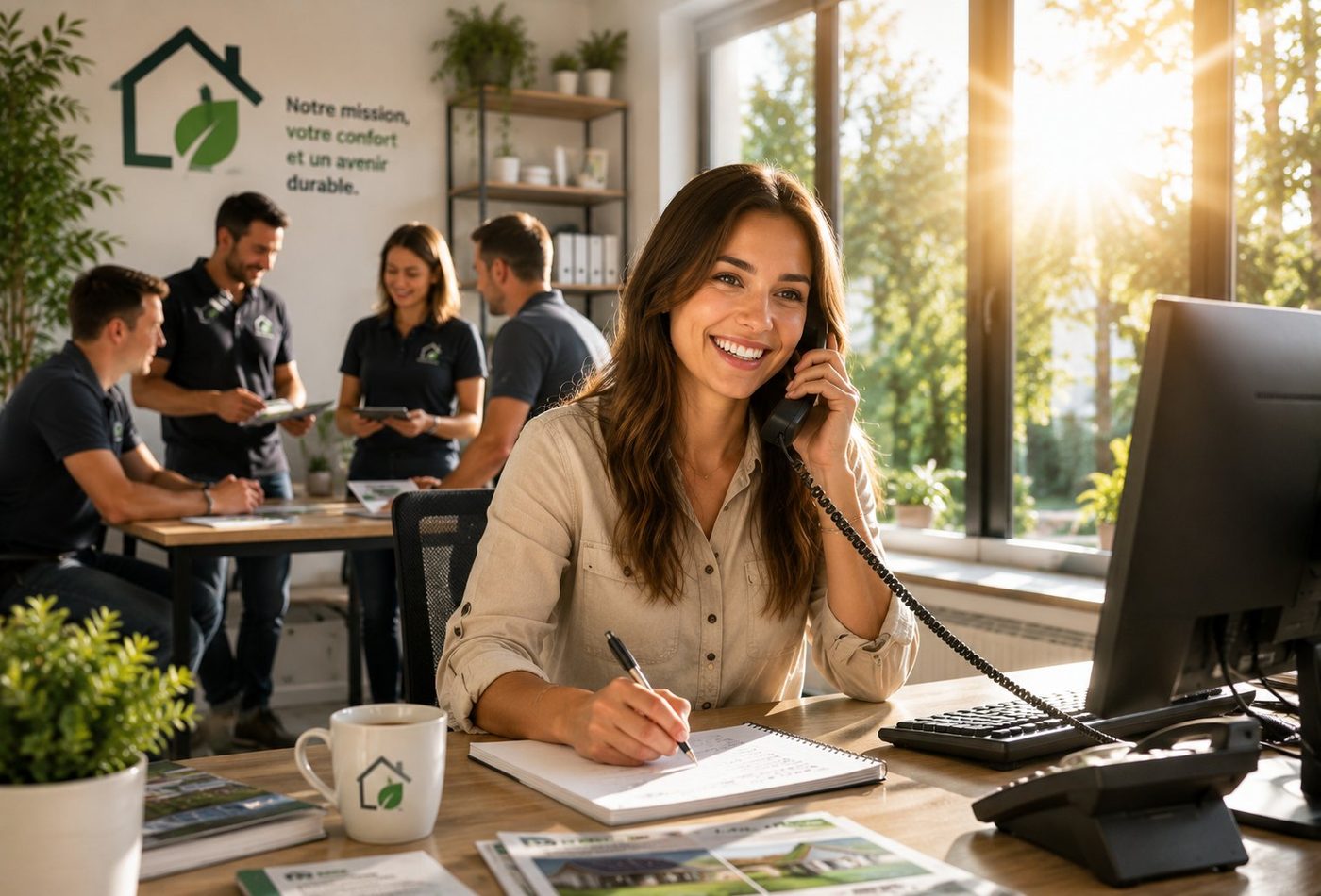 Conseillère Cert'Eco Pro souriante au téléphone, accueil et accompagnement des projets