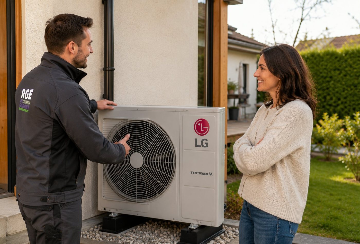 Installateur RGE en intervention sur une pompe à chaleur chez un particulier