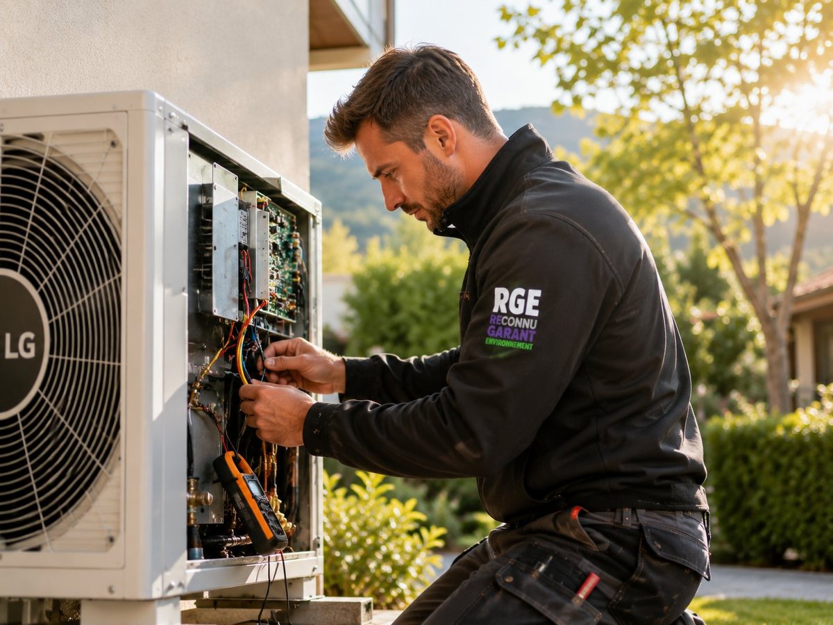 Technicien RGE au travail sur une pompe à chaleur