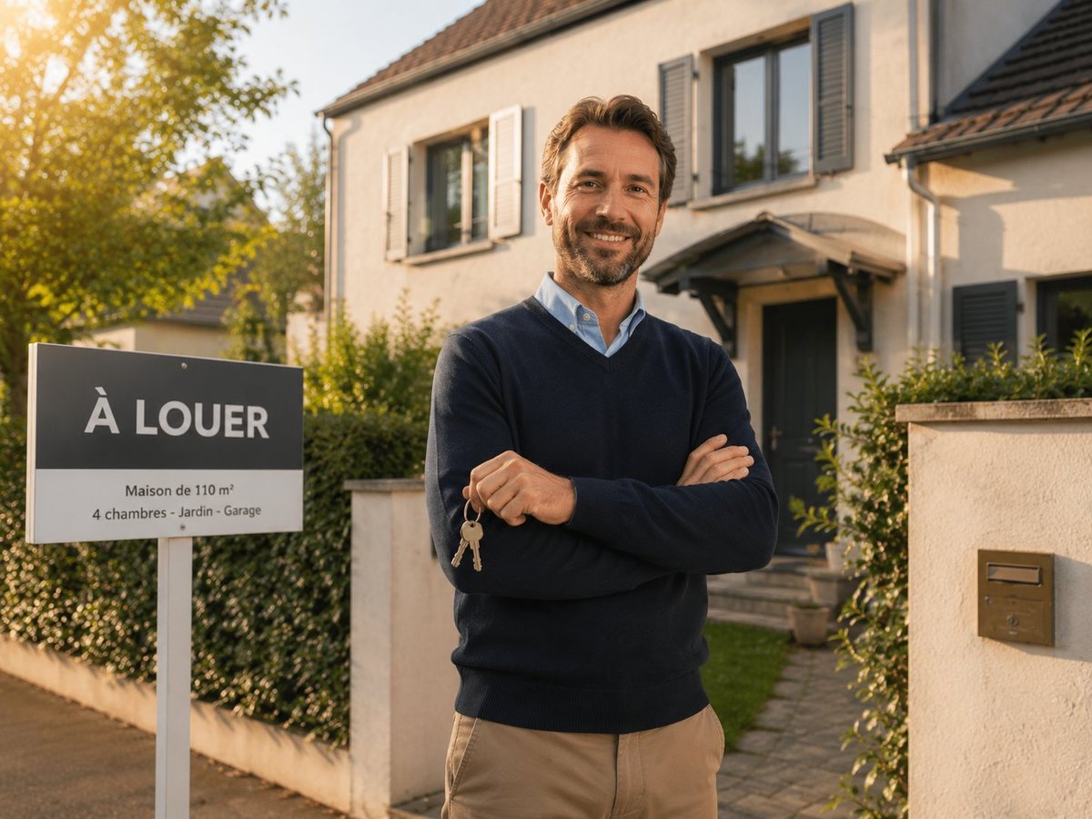 Propriétaire devant son bien avec un panneau À louer