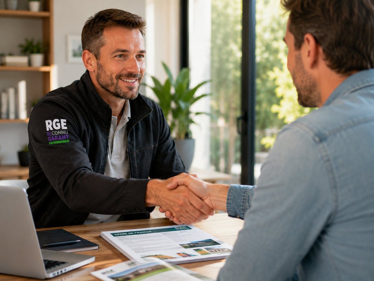 Poignée de main entre un conseiller RGE et un client, offre légitime