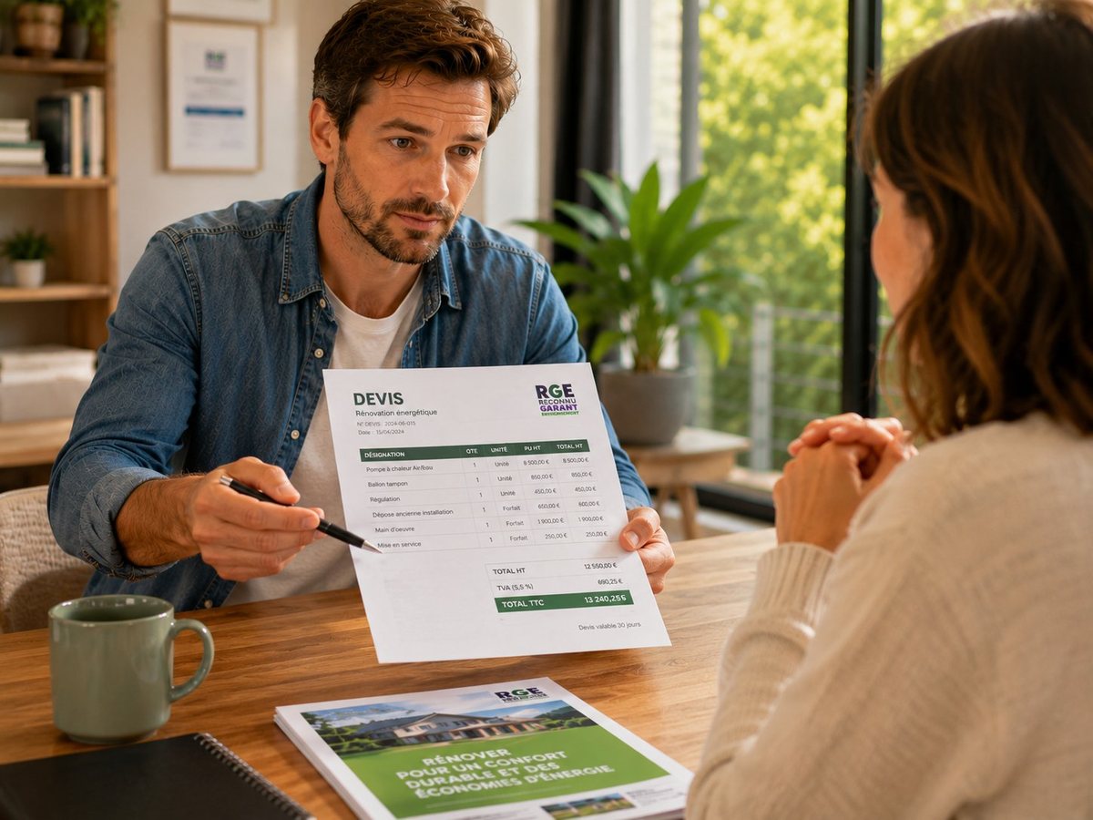 Conseiller RGE présentant un devis détaillé à une cliente