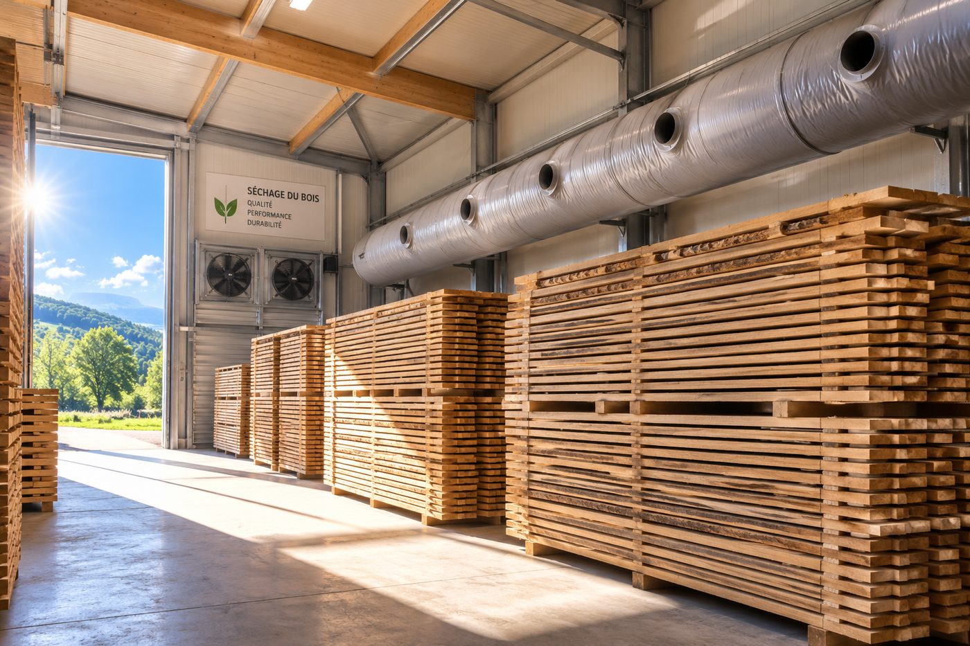 Cellule de séchage avec piles de bois et gaine de soufflage