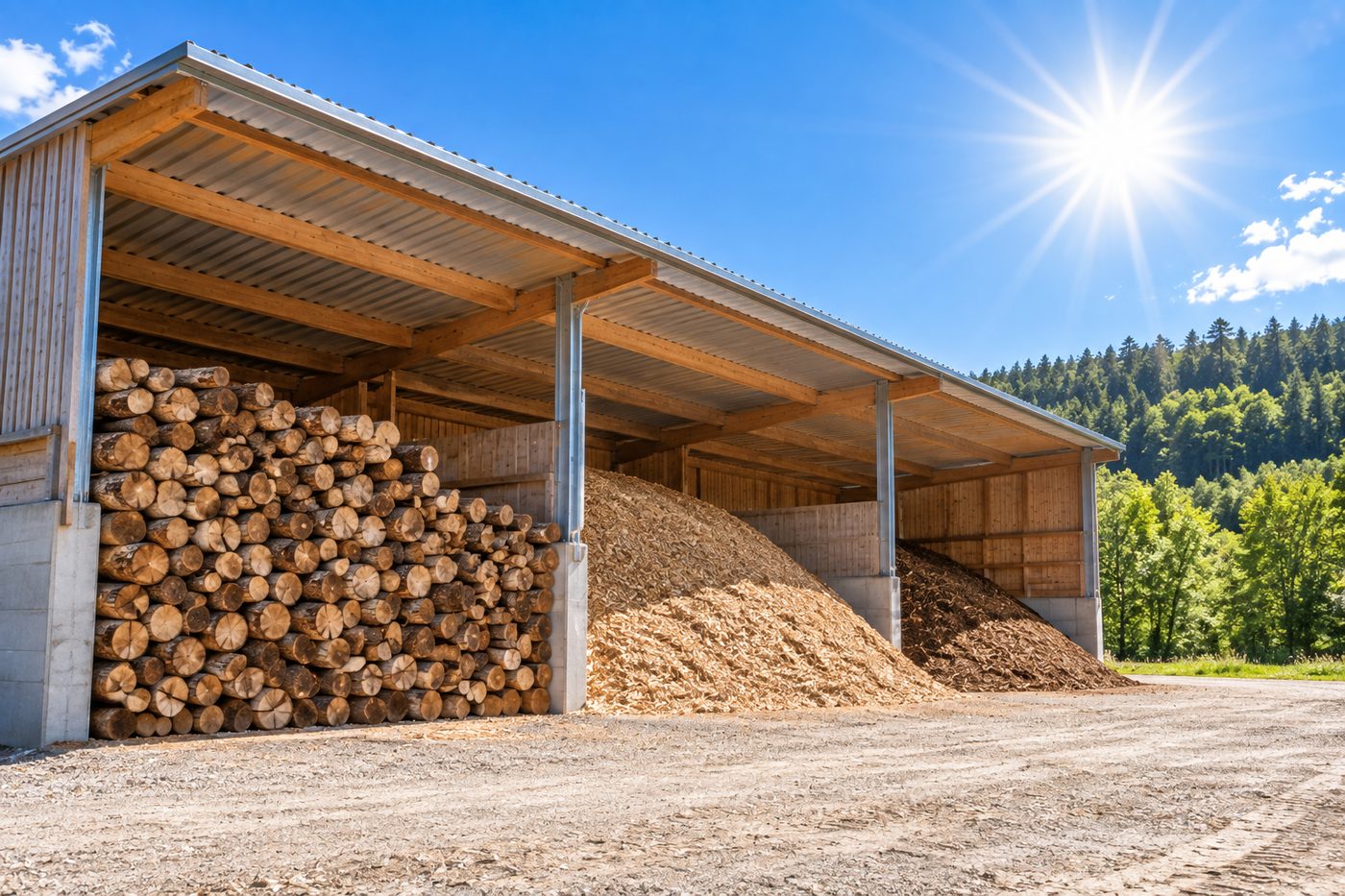 Bois bûche et plaquettes stockés sous abri