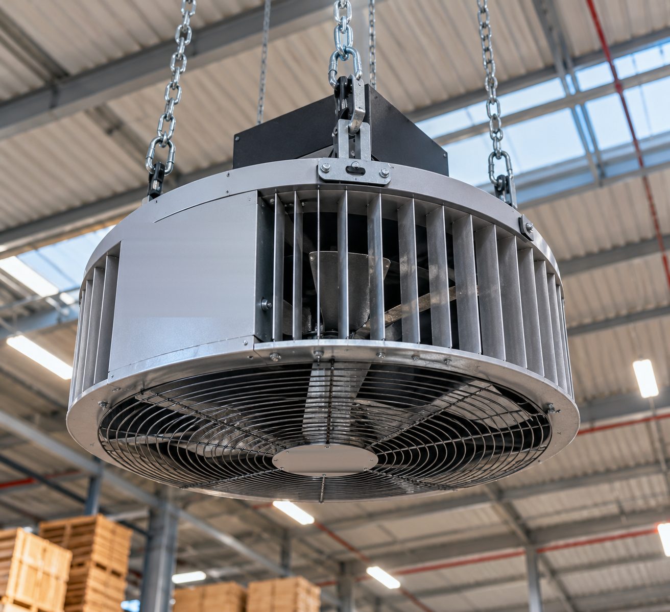 Déstratificateur d'air suspendu par chaînes sous une charpente métallique