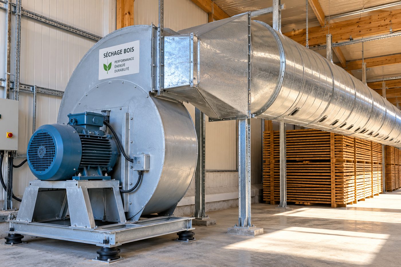 Ventilateur de séchage relié à une gaine de soufflage au-dessus de piles de bois